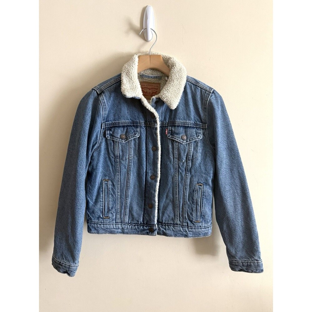 Women's Small Levi’s Premium Trucker Jacket Sherpa Lined Blue‎ Denim Jean